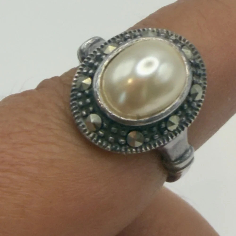 Vtg TM Sterling Silver Art Deco Style Ring Marcasite Faux Mabe Pearl Sz 6.5